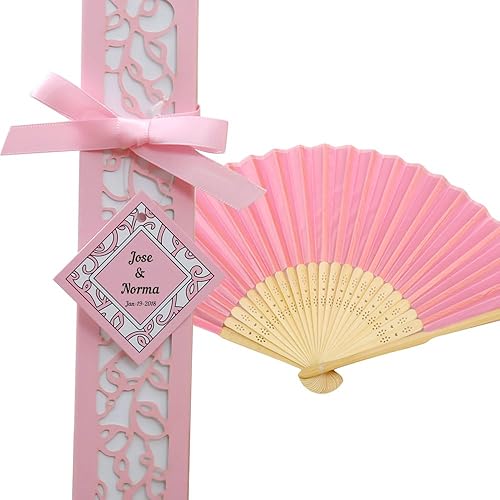 Miniatura 3 de DORIS HOME 50pcs rosa seda bambú mano plegado ventilador de boda favor ventilador con láser corte caja de regalo para regalo nupcial regalos regalos