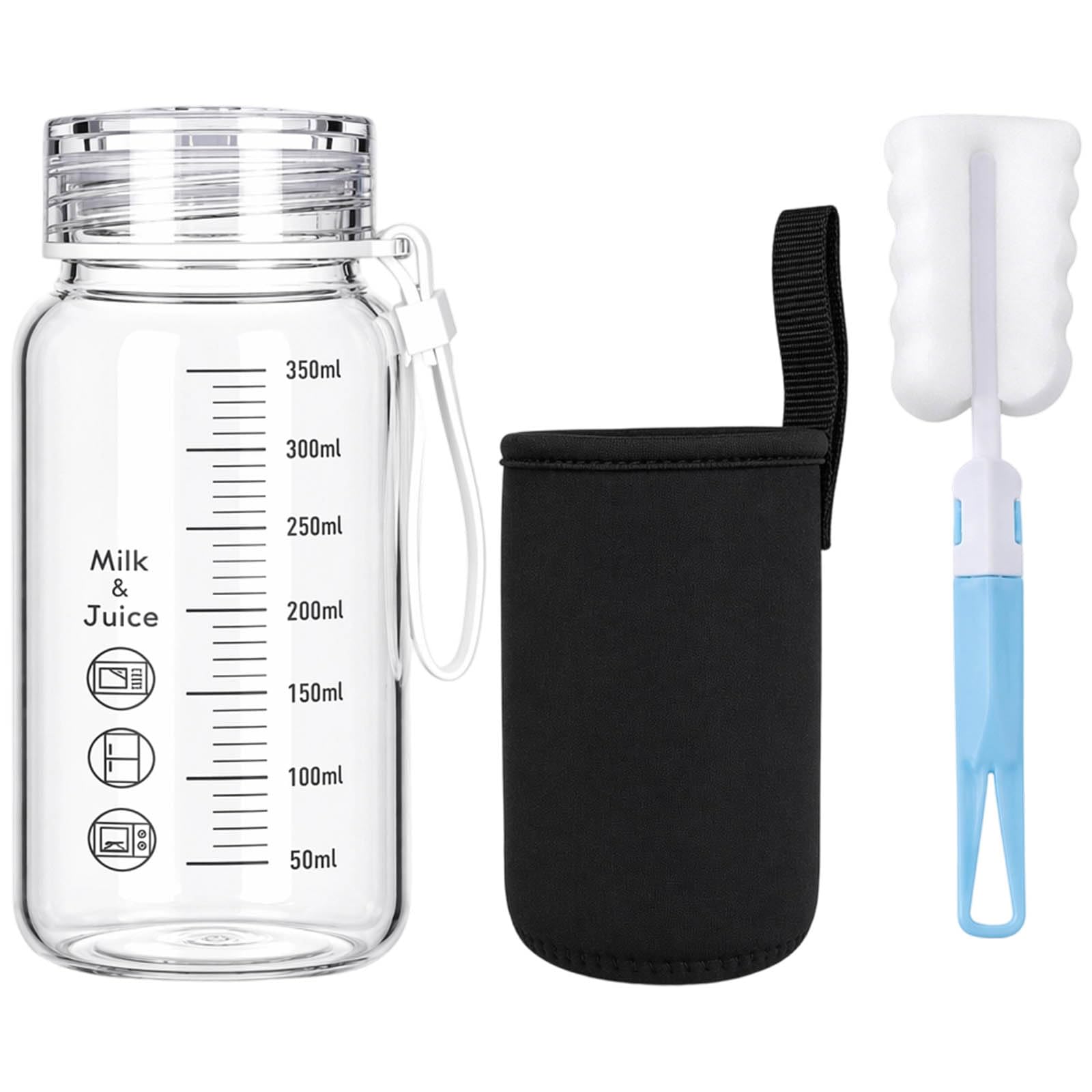 QhgPnt Glass Water Bottle, 350ml Clear Water Bottle with Measurements, Glass Drinking Bottle with Insulated Sleeve and Cleaning Brush, For Daily Hydration Tracking and Portion Control