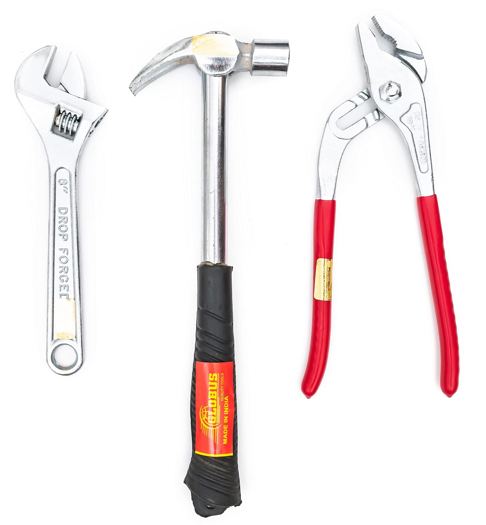 GLOBUS 1403 STEEL HAND TOOL SET/3 PCS (8" ADJUSTABLE WRENCH CHROME FINISH, 1/2 LBS HAMMER AND 10" WATER PUMP PLIER)