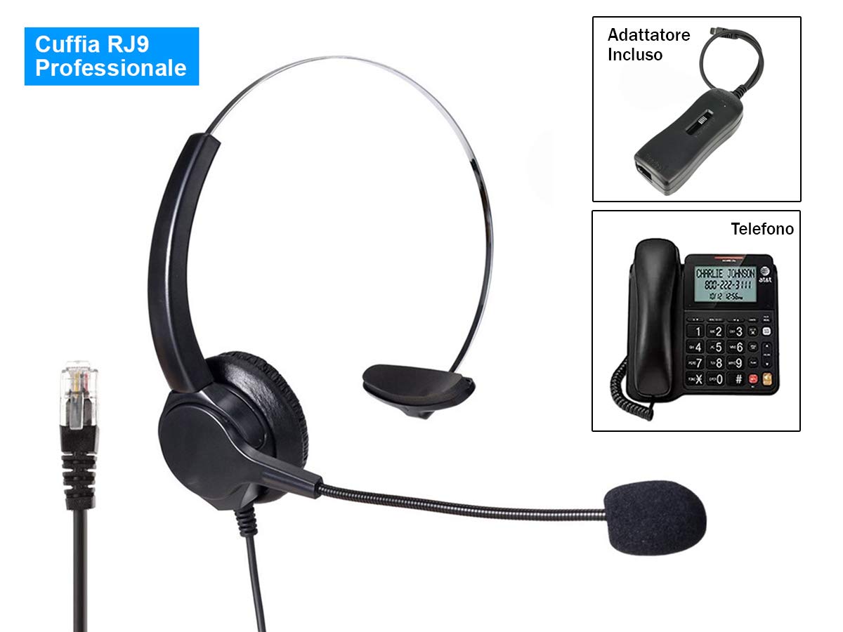 A2ZWORLD VH500-RJ9 Cuffia Monoaurale RJ9 Microfono Auricolare Professionale per Telefono Fisso IP Phone Ufficio Azienda Compreso Adattatore Libera Le tue Mani
