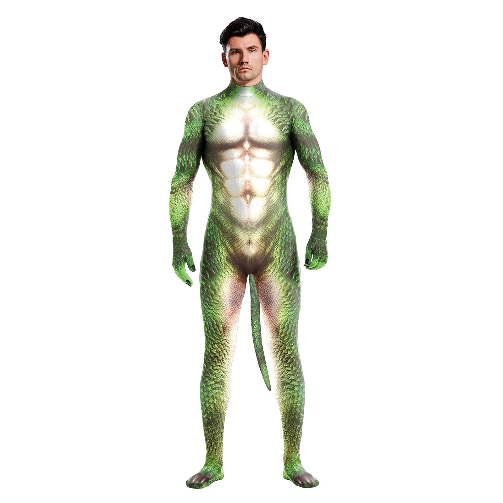 Men's Animal Bodysuit Costume with Big Tail Print Petsuit Spandex Furry Jumpsuit Cosplay Halloween Party