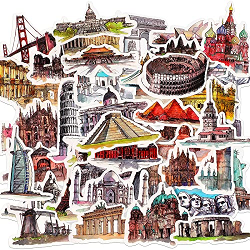 Image of 84 Pieces Scenic Luggage Decals History Stickers Architecture World Suitcase Stickers Tourism Landmark Buildings Retro Bike Decals Waterproof PVC for Laptop Scrapbook Water Bottle