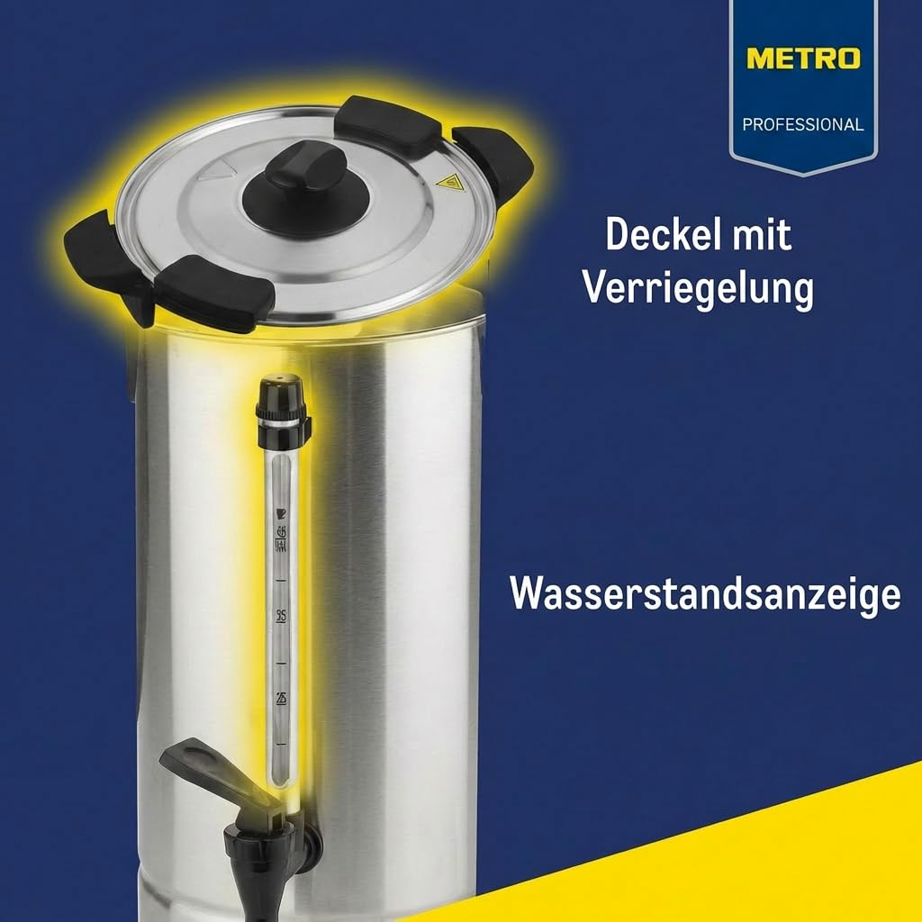 METRO Professional Kaffeemaschine GCM4015, 15 Liter, 100 Tassen, 1650 W, mit Filter, Warmhaltefunktion, Überhitzungsschutz, Füllstandsanzeige, Kühle Außenwand, Deckelverschluss, silber