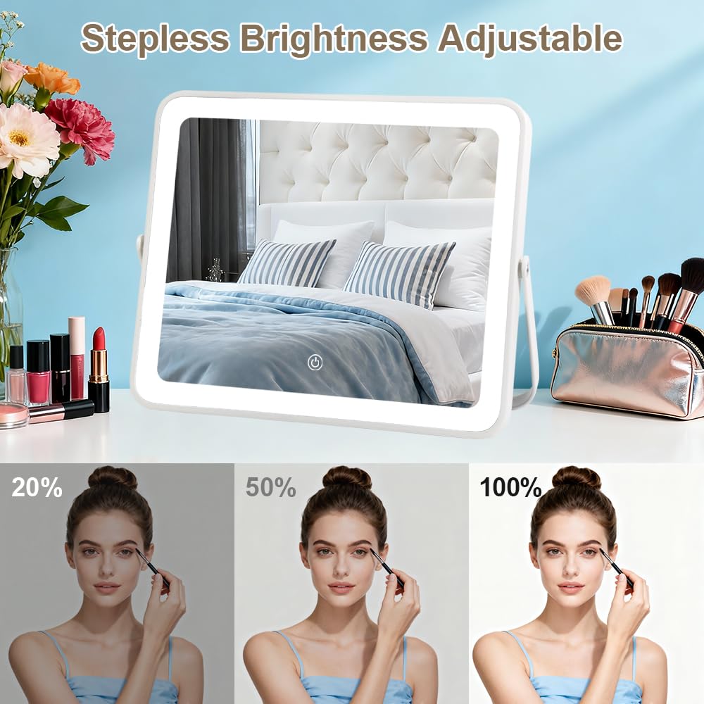 YEKKOPT Specchio da scrivania portatile con luci, piccolo specchio da trucco ricaricabile con luci, touch screen intelligente con illuminazione a 3 colori, dimmerabile, per dormitorio, tavolo, camera