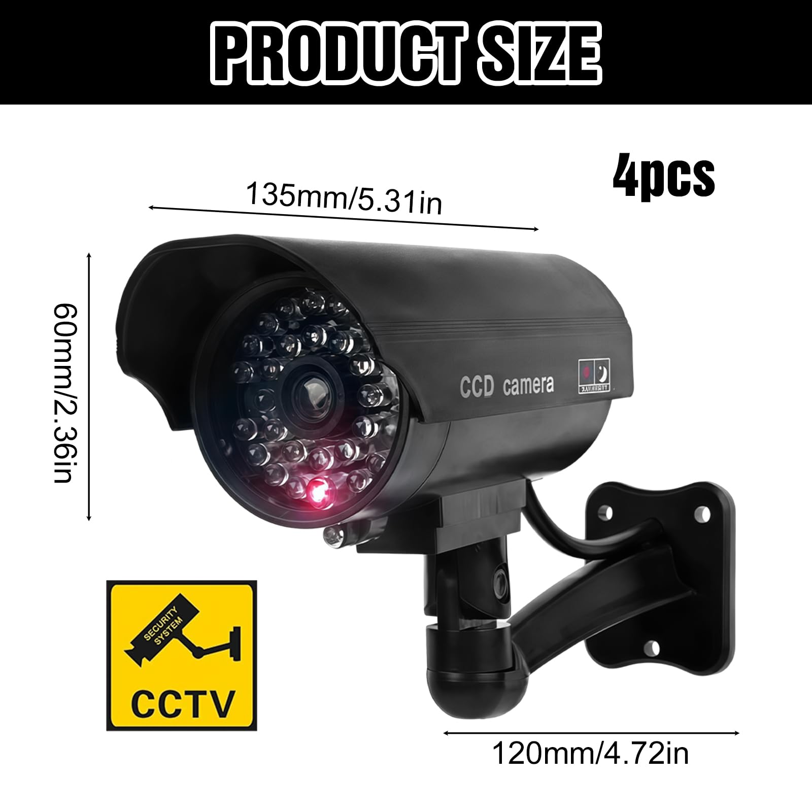 Telecamere finte CCTV, confezione da 4 telecamere a circuito chiuso fittizie per esterni e interni, telecamere di sicurezza fittizie finte, impermeabili, a forma di proiettile, con LED rosso