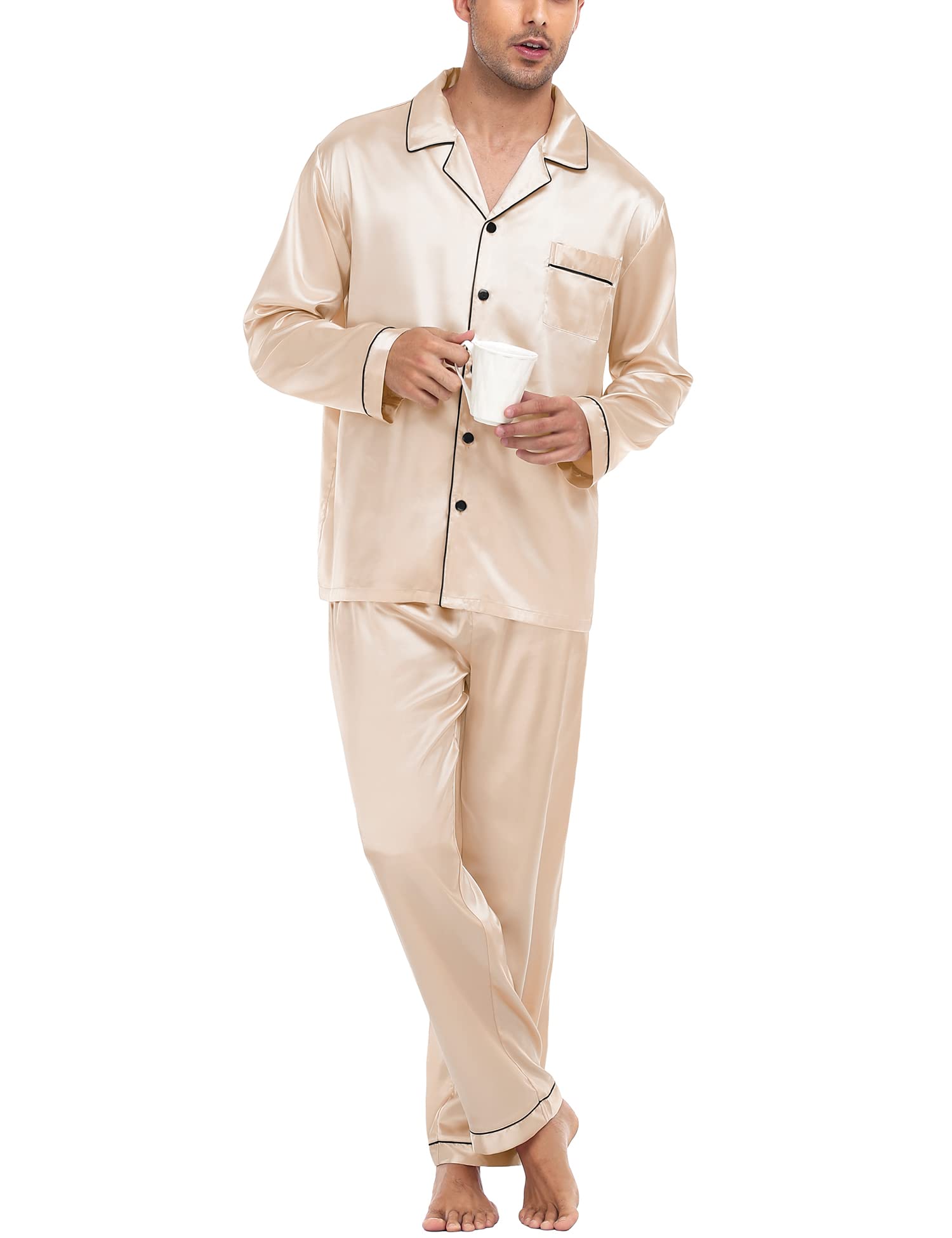 SWOMOG Herren Satin Pyjama Lang Schlafanzug mit Knopfleiste Seidensatin Zweiteiliger Nachtwäsche Hausanzug Langarm Schlafanzughose S-XXL