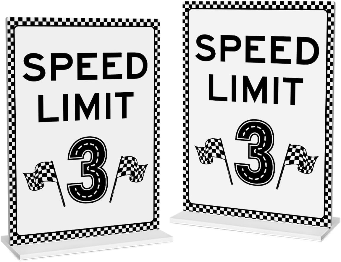 Race Car Birthday Decor, 2PC Speed Limit 3 Sign, Fast One, Race Car Birthday Party Decorations, 5x7 Inches Acrylic Sign With Stand, Let's Go Racing Party Supplies for Boy Race Fans A3