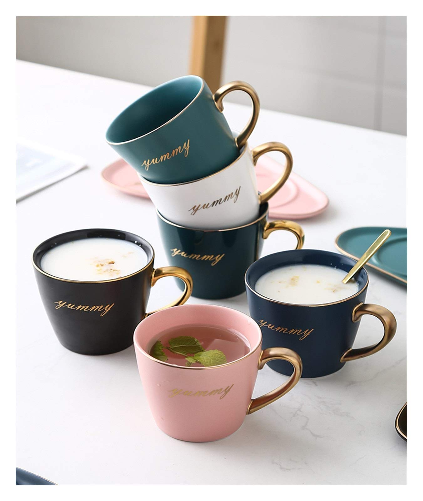 Tazas de café grandes de cerámica, Juego de taza y platillo for té café con cuchara en caja regalo multicolor(Roze)