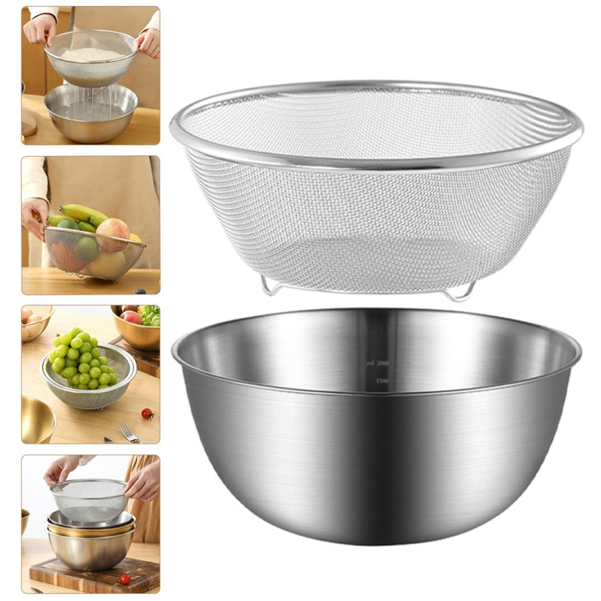 OSALADI Set 2 Pezzi Scolapasta e Ciotola in Acciaio Inox per Lavare Riso e Frutta, Fondo Piatto Stabile e Antiscivolo per Uso Domestico in Cucina