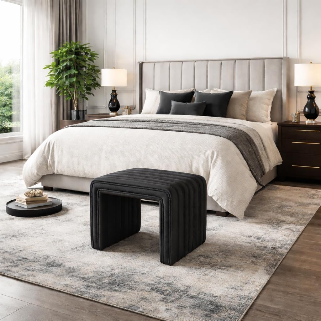 Spatial Order Modern Channel Tufted Ottoman | Spatial Order Home Décor | Ottoman for Living Room & Bedroom - Black Faux Leather