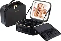 Morina Bolsa de Maquiagem com Espelho e luz LED de 3 cores, Organizador de Maquillaje, Dimmable Contínuo, Carregamento USB (Preto)