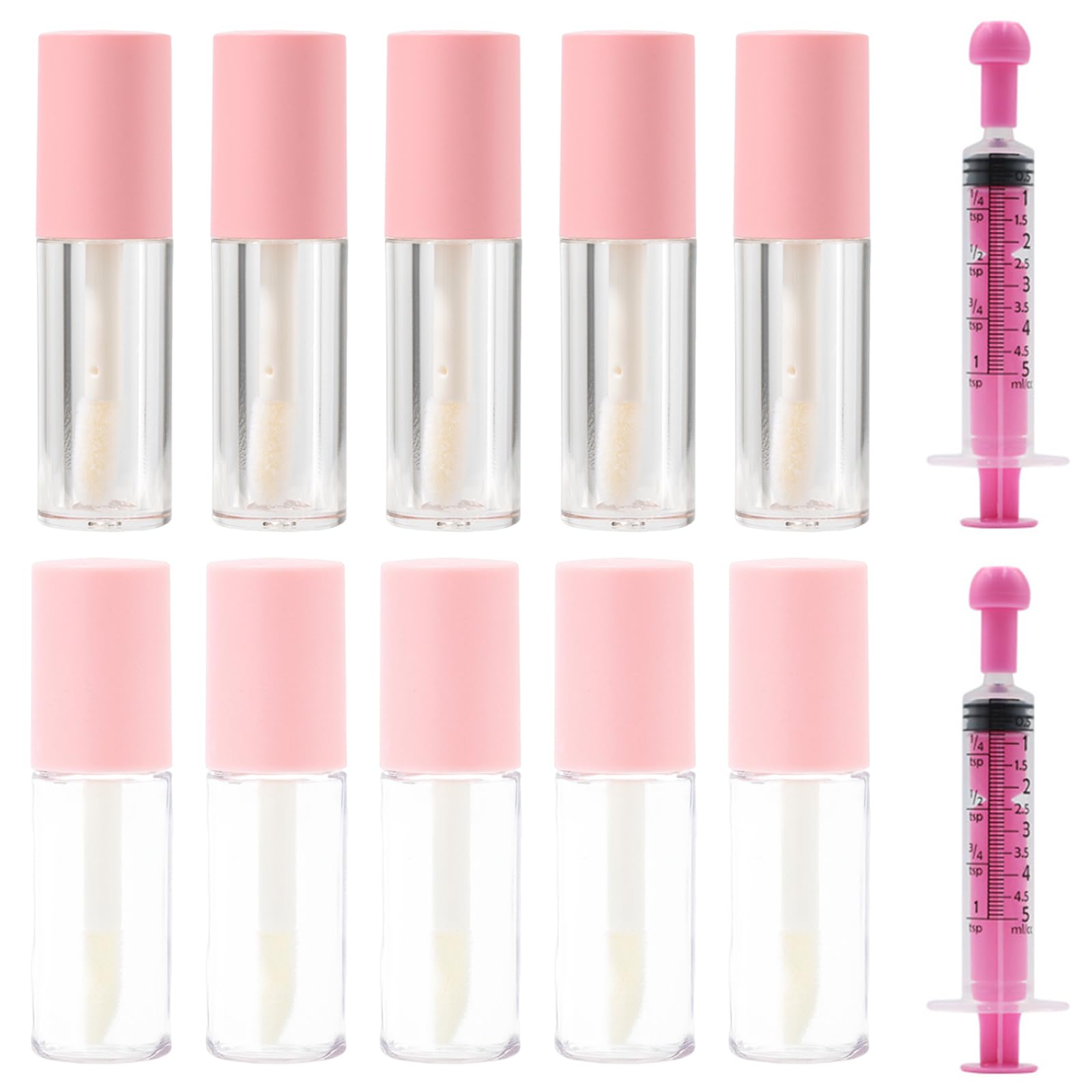 5 1.2ML Lip Gloss Tubes,5 3ML Mini Refillable Lip Balm Bottles,Empty Lip Gloss Tube,with 2 5ML Syringes,Unique Leak-Proof Design,Small and Easy to Carry,Suitable for DIY Lip Gloss,Lipstick (Pink)