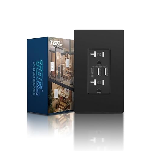 Miniatura 1 de TOPELER Cargador de pared USB negro de 6.0 A, receptáculos dúplex resistente a manipulaciones de 20 A, toma de corriente de carga con 3 puertos USB,