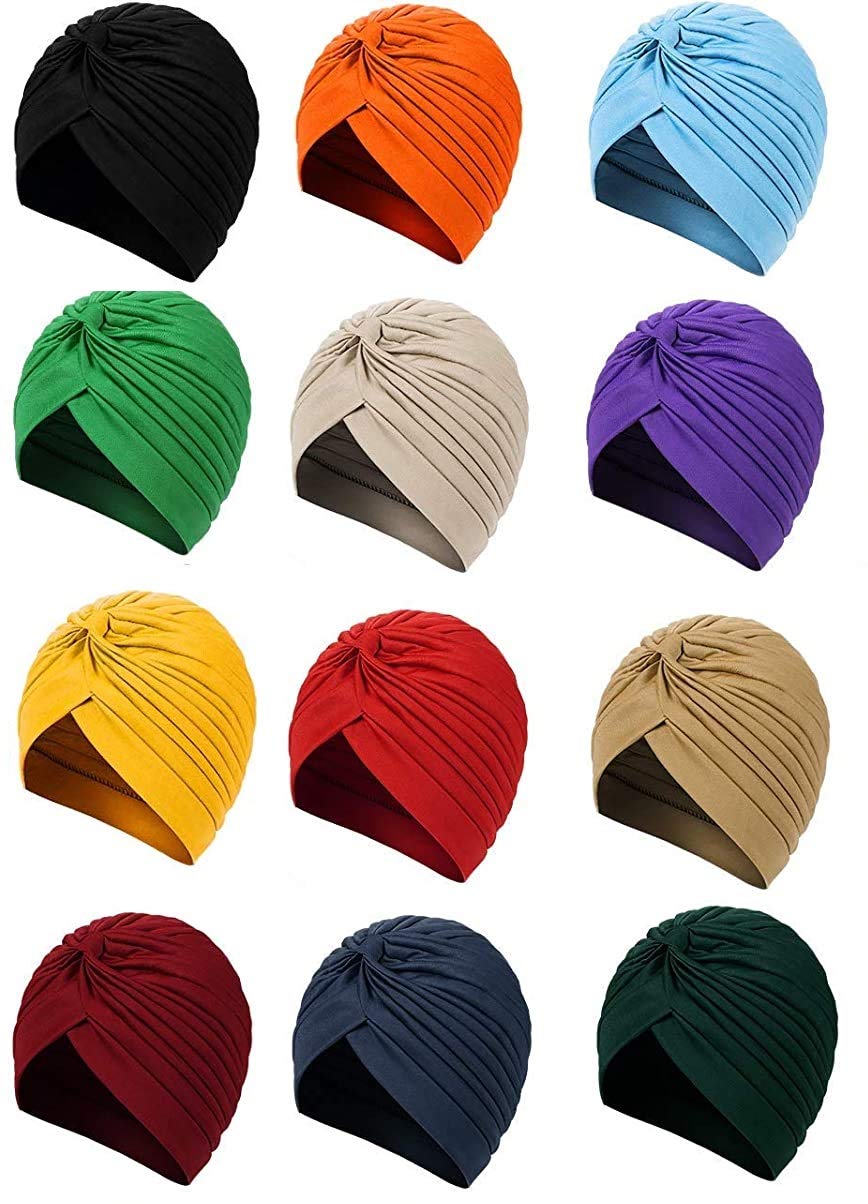 XECTUS12 Pack Stretchy Turban Cap Head Bennie Cover India's Hat Turban Pleated Twisted Headscarf Solid Color Headwrap for Women Girls (PAGREE C)