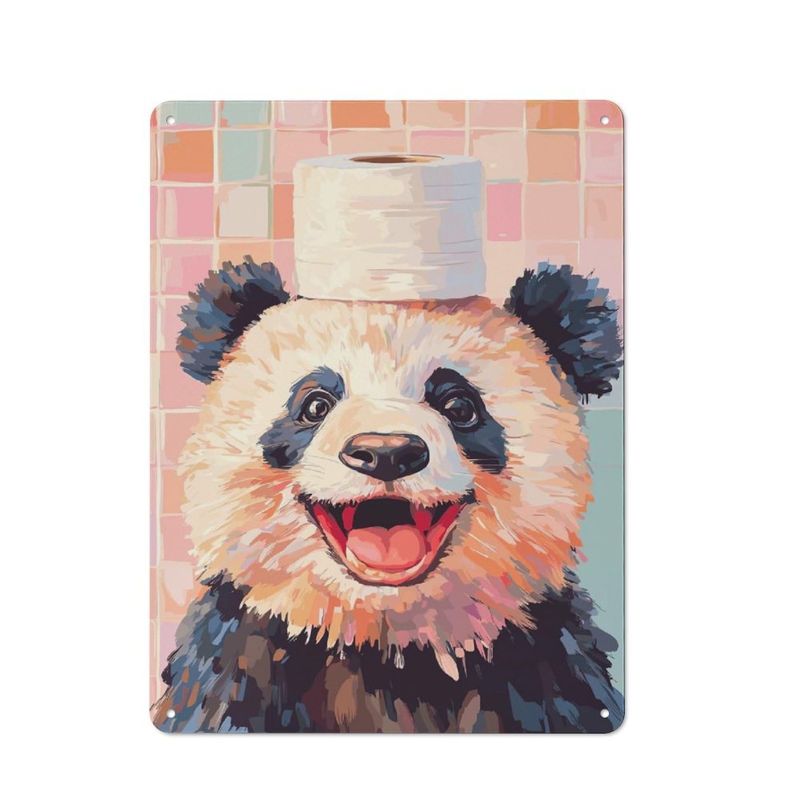 Junmoney Style-20 Panda With Toilet Paper Hat Vintage Tin Sign 40X30cm For Café Or Restaurant, For Café Owners And Decorators, For Retro Home Interiors