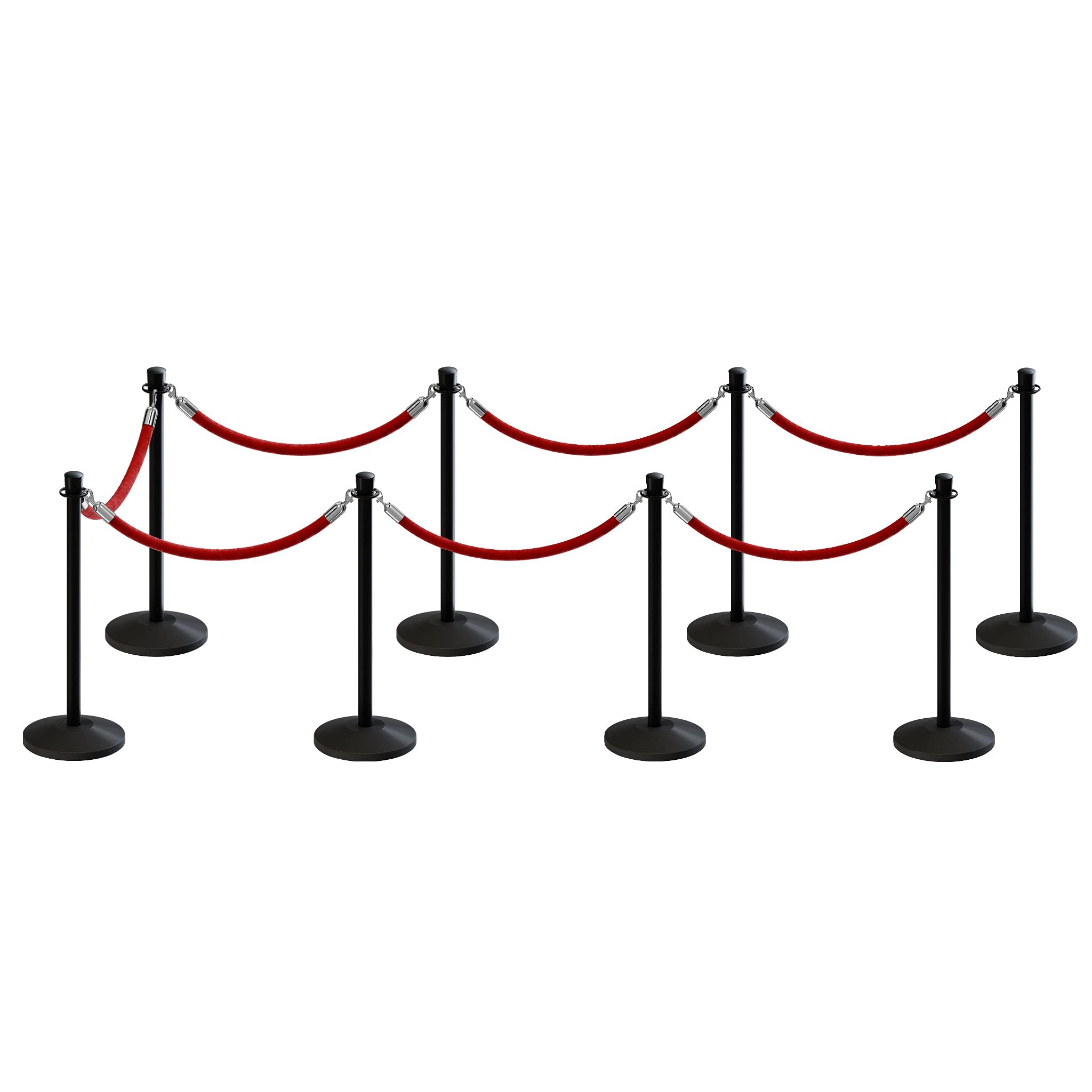CCW Post and Rope Stanchion Kit with 8 Black Crown Top Posts and 7 Red Heavy Duty Velvet Cotton Core Ropes (6ft.Each) in Polished Stainless Snap Ends