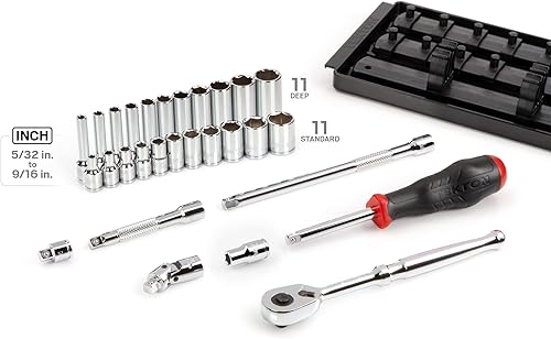 Miniatura 9 de TEKTON SKT03301 - Juego de llaves de 6 puntos y trinquete de 14 pulgadas con rieles, 57 piezas (532-916 pulgadas, 0.157-0.591in)
