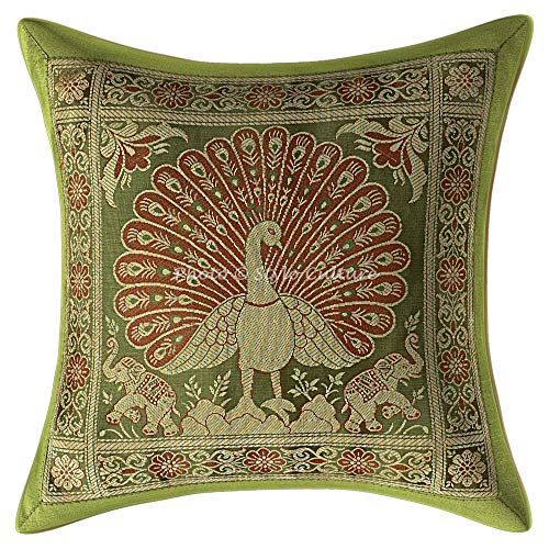 Stylo Culture Décoratif Ethnique Brocart Housse De Coussin 30x30 cm Olive Verte Ethniques Petit Jacquard 12 x 12 Pouces Salon Bohémien Éléphant Paon Carré Taie d'oreiller Cover