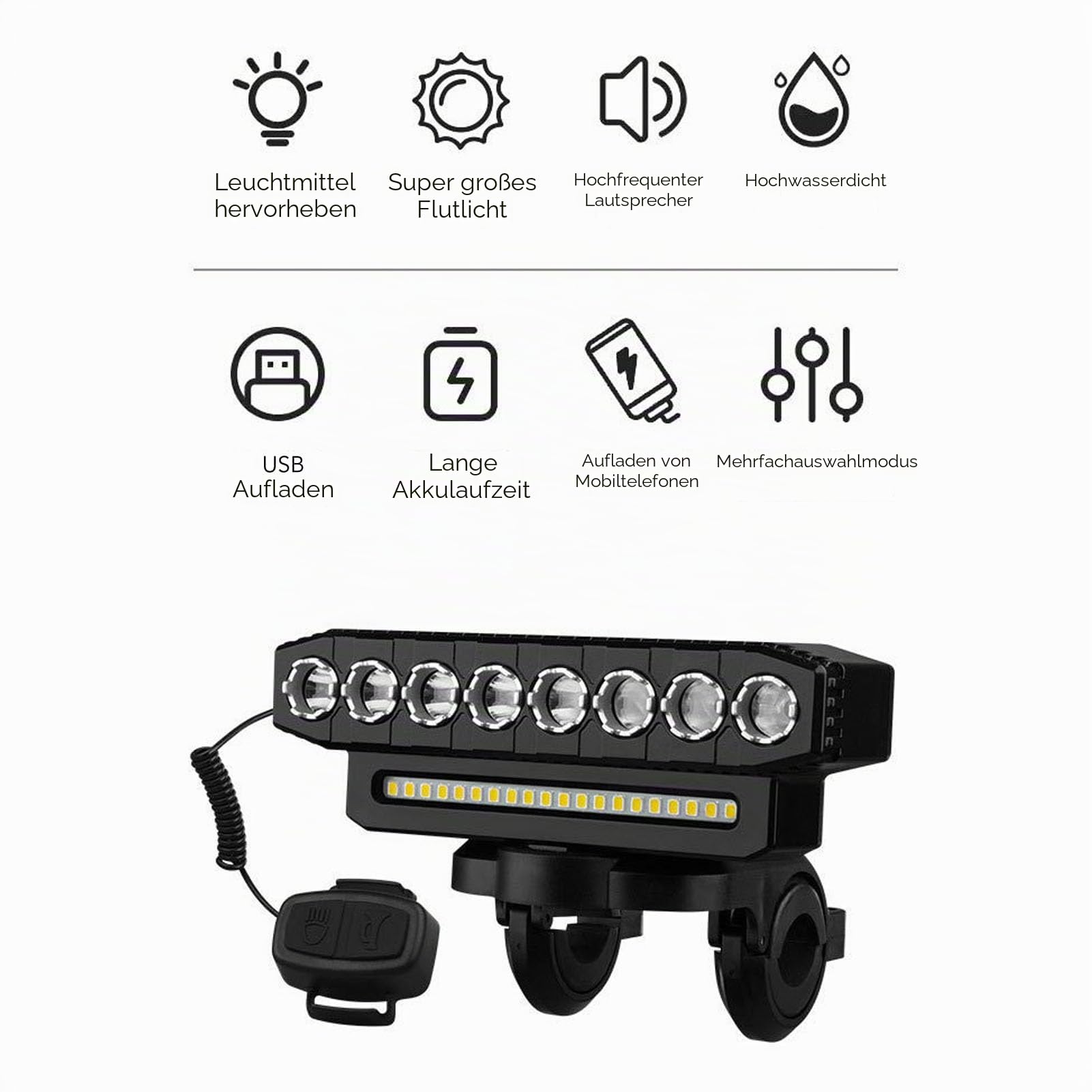 Alomejor Fahrradlicht, 8 LEDs, Wiederaufladbarer USB-Scheinwerfer mit Hupe, 6 Modi, Powerbank-Funktion, IP44 Wasserdicht, für die Sicherheit von Mountainbike- und Off-Road-Fahrrädern