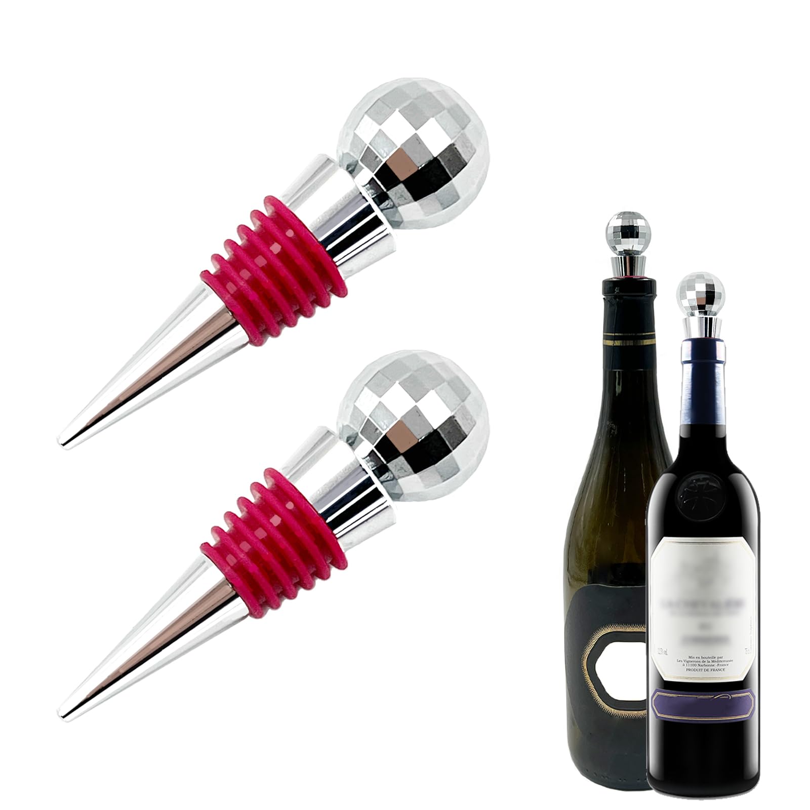 Daily Treasures 2 Psc Disco Wine Bottle Cork,Reusable Wine Bottle Stopper with Disco Mirror Ball,Silicone Stopper Saver Sealer,Keeping Wine Fresh,for Wine Champagne Prosecco Beer Spirits Collection