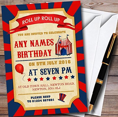Vintage Blue & Red Circus Carnival Personalized Childrens Birthday Party Invitations