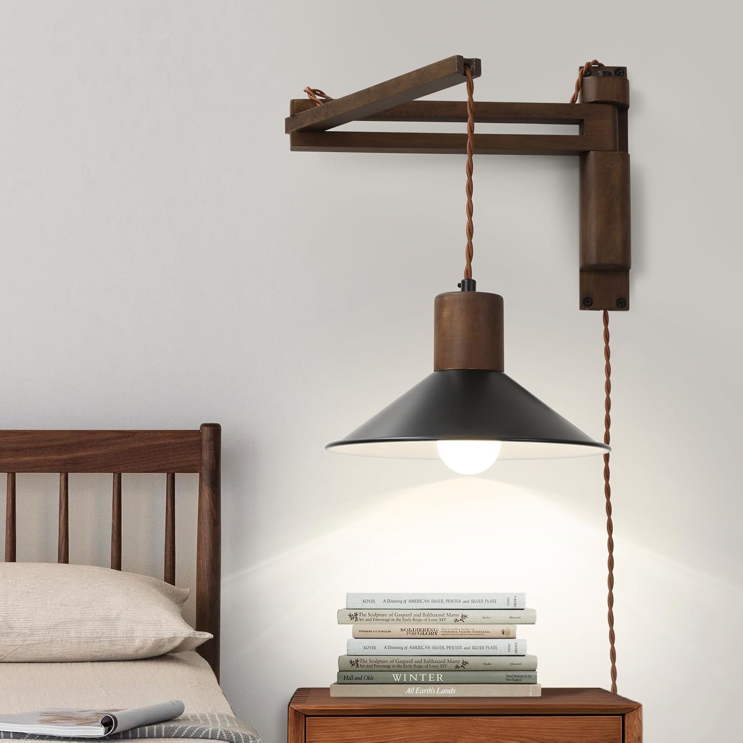 LOGT Wooden Sconces Swivel Arm Wall Lamp with Switch Adjustable Arm Wall Lighting with Cable Plug Foldable Telescopic Bedside Lamp Vintage Indoor Long Arm Reading Lamp E27 for Bedroom