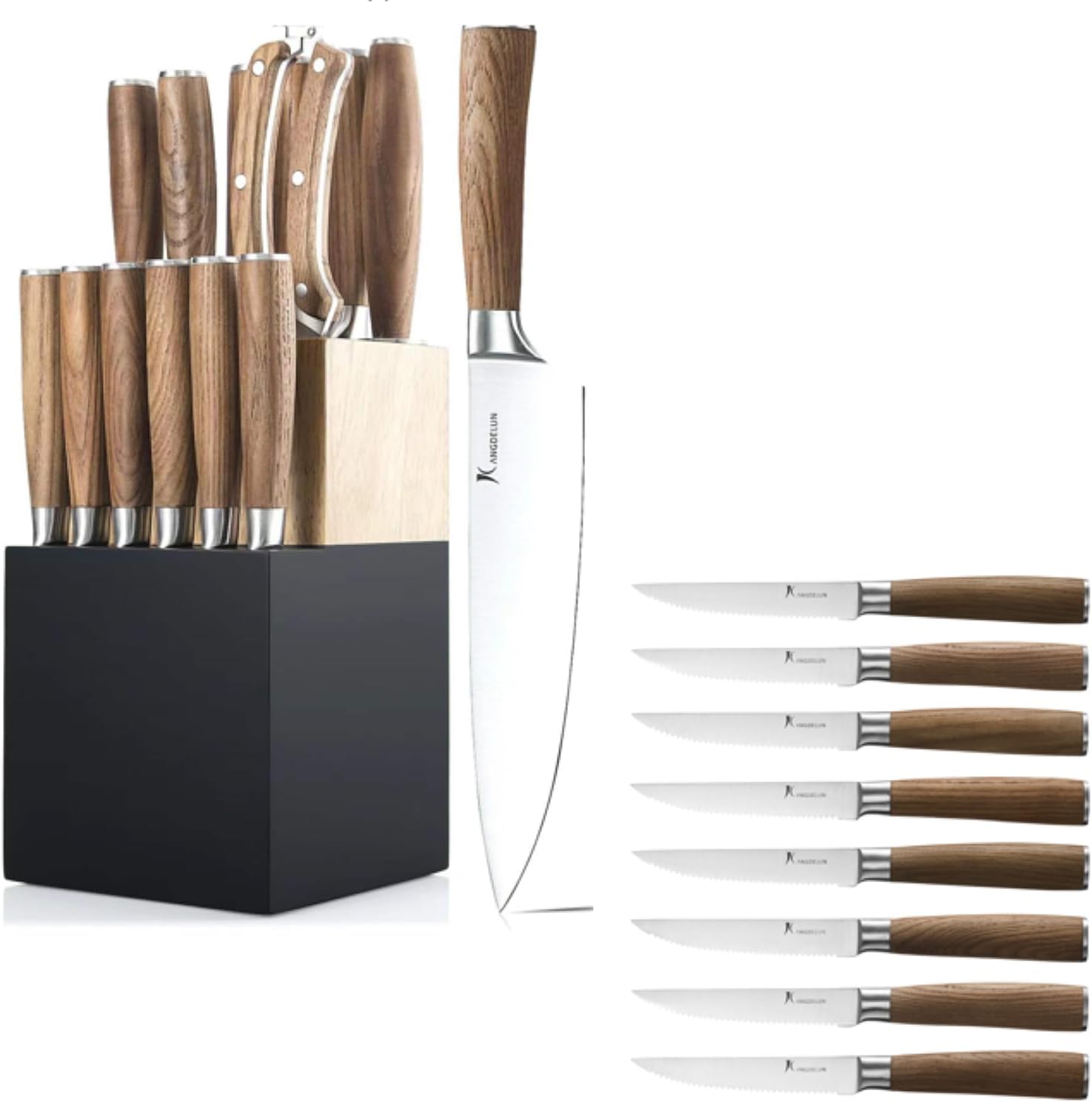 Natura Series 15 PCS Knife Block Set, and Steak Knife Set of 8, Ultra Sharp High Carbon Stainless Steel, Wooden Handle
