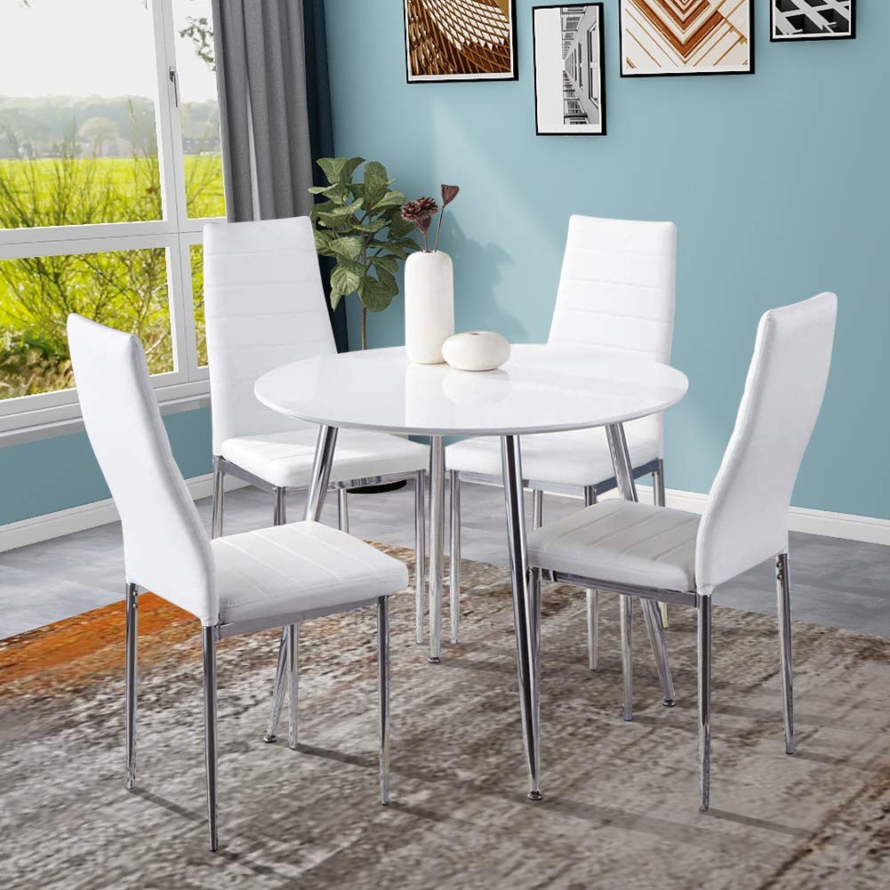 Ensemble Table Ronde Et 4 Chaises GOLDFAN - Verre Trempé 10mm, Pieds Chrome, Chaises PU Blanc - Moderne