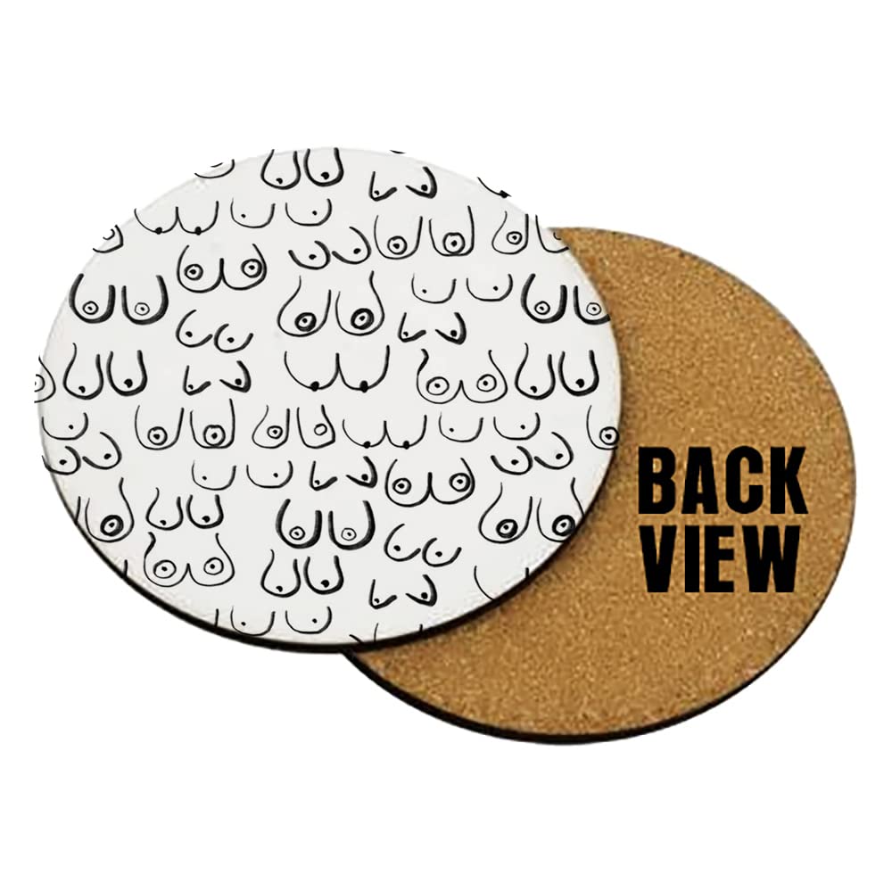 Boobs Pattern - Black and White line Drawing, Life Drawing, Feminine Art Coaster, Tableware, Drinks Coffee-Tea Coaster. (Round Coaster MDF)