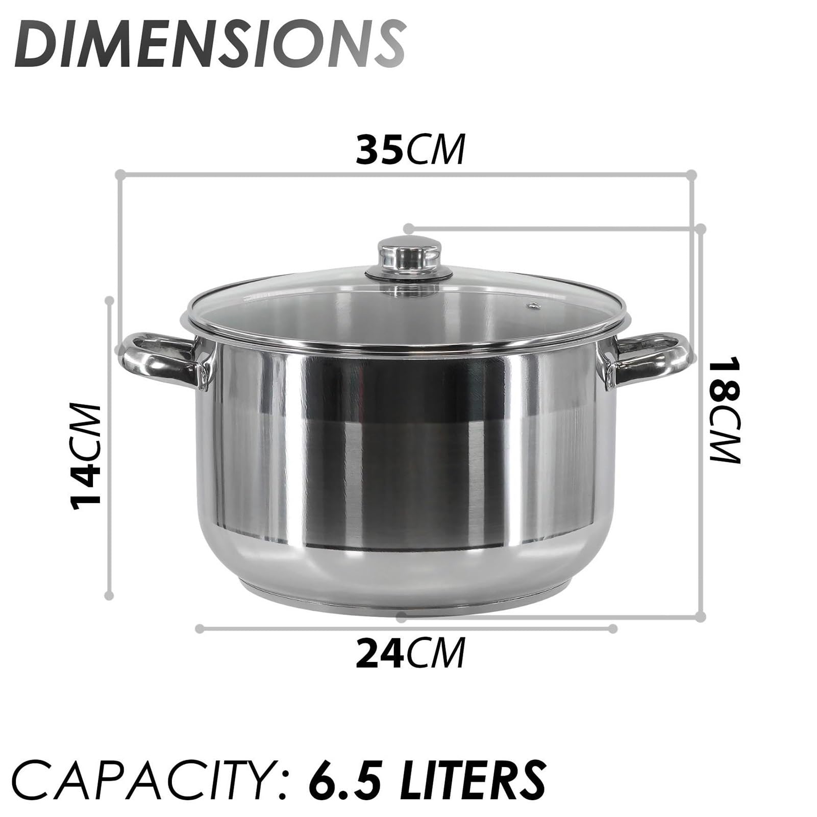 THEGA Grand Stock Pot avec Couvercle - Stockpot en Acier Inoxydable, Casserole en Acier Inoxydable Stockpot Base À Induction Grand Stock Pot Profond Couvercle en Verre(24 x 14 cm 6.5 LTR)