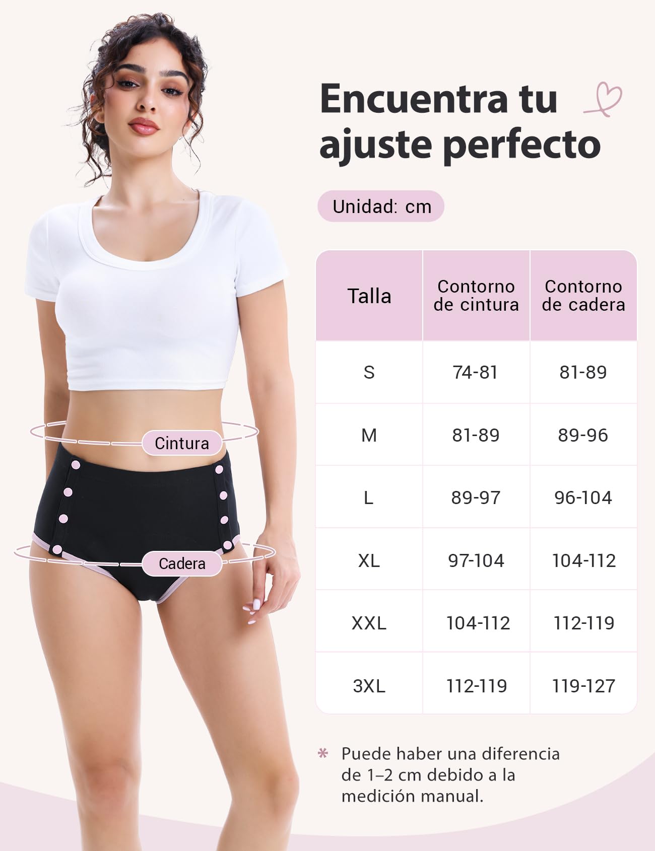 Carer Pack de 3 Braguita Incontinencia Mujer 230 ml Absorción Algodón Ropa Interior Antifugas Botones a Presión Laterales Fácil de Cambiar, Reutilizable Lavable para Incontinencia, Negro Talla XXL