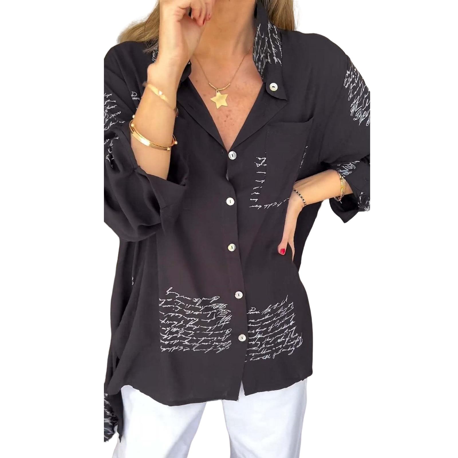 Letter Print Fashion Lapel Shirt, Women's Long Sleeve Print Button Down Shirts Casual Loose Blouse Tops (Black,L)