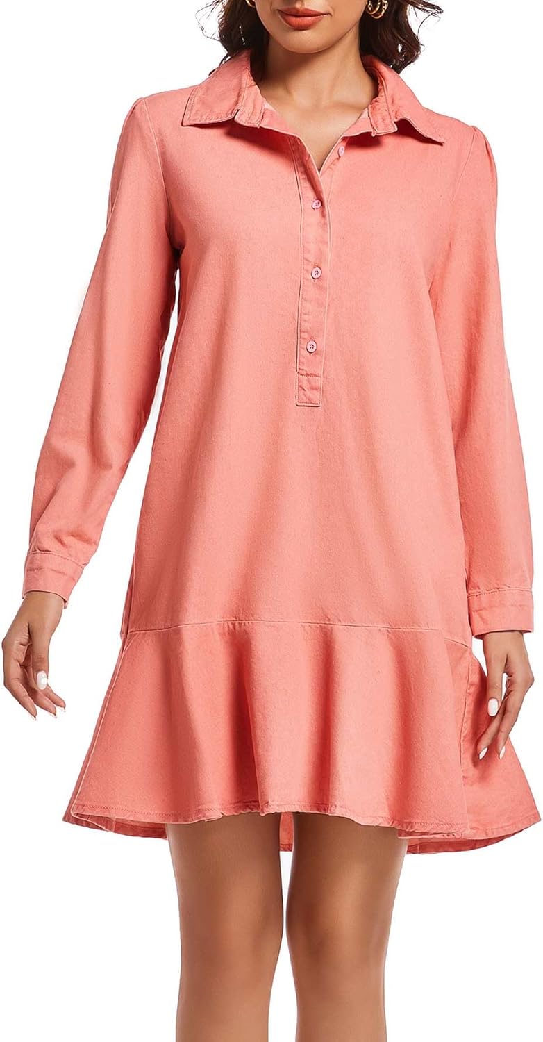 Women's Long Sleeve Denim Shirt Dress Button Down Ruffle Flowy Collared Mini Shift Drop Waist Jean Dresses - Image 3