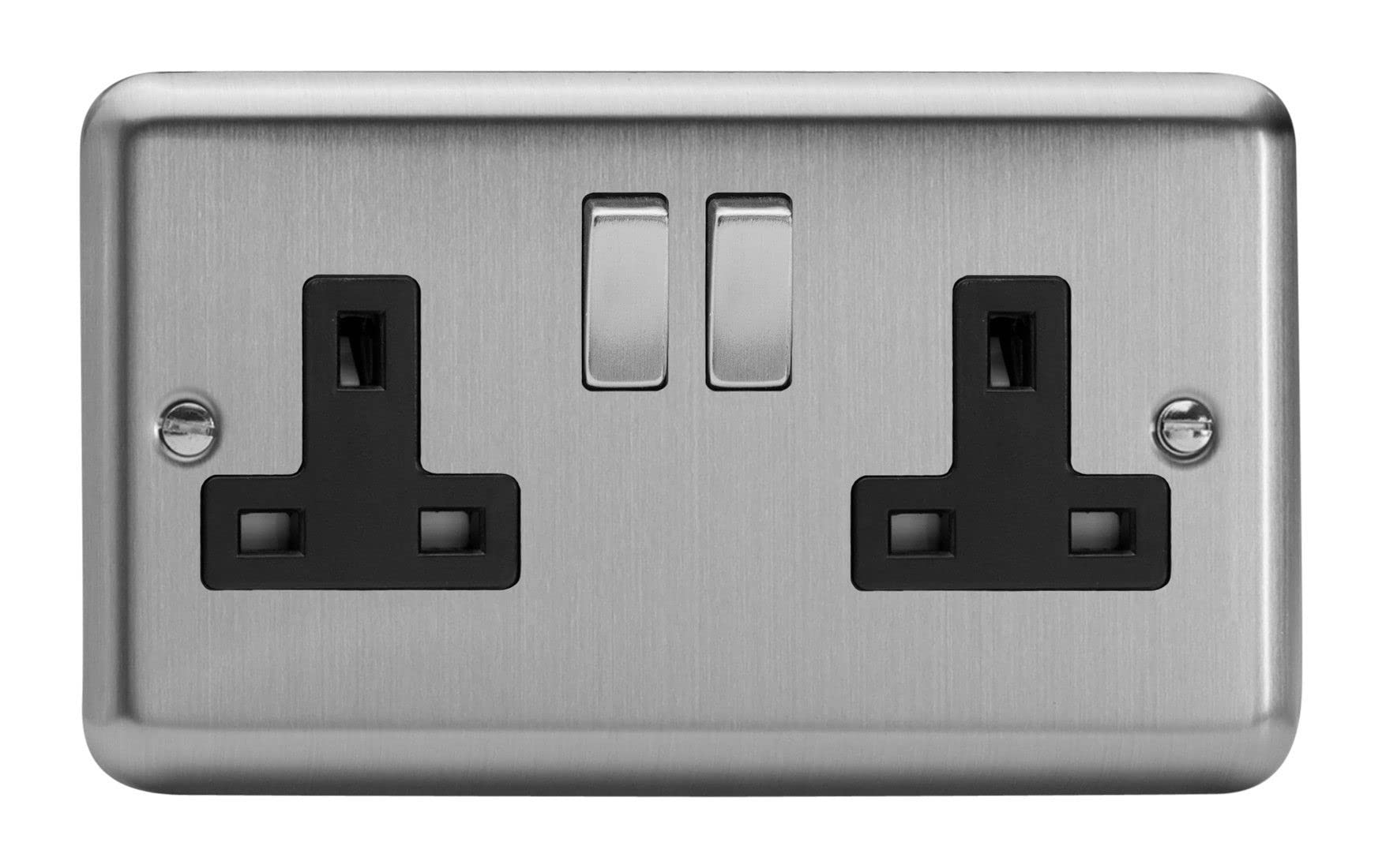 Varilight Double Switched Plug Socket - Value Matt Chrome With Brushed Steel/Black Insert, XS5DB