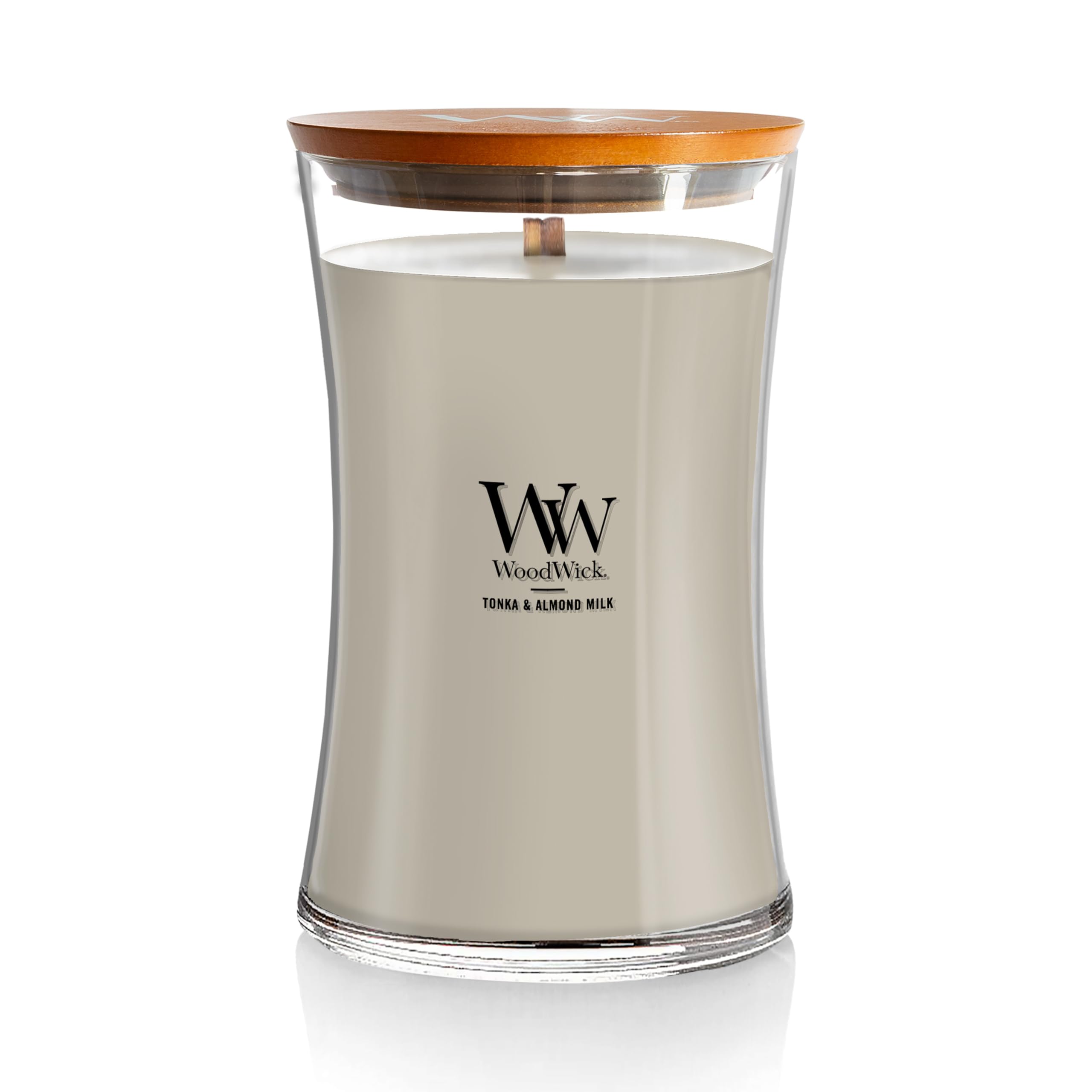 WoodWick Tonka & Almond Milk Gifts for Women and Men, 21.5 oz Large Hourglass Candle with Crackling Wick