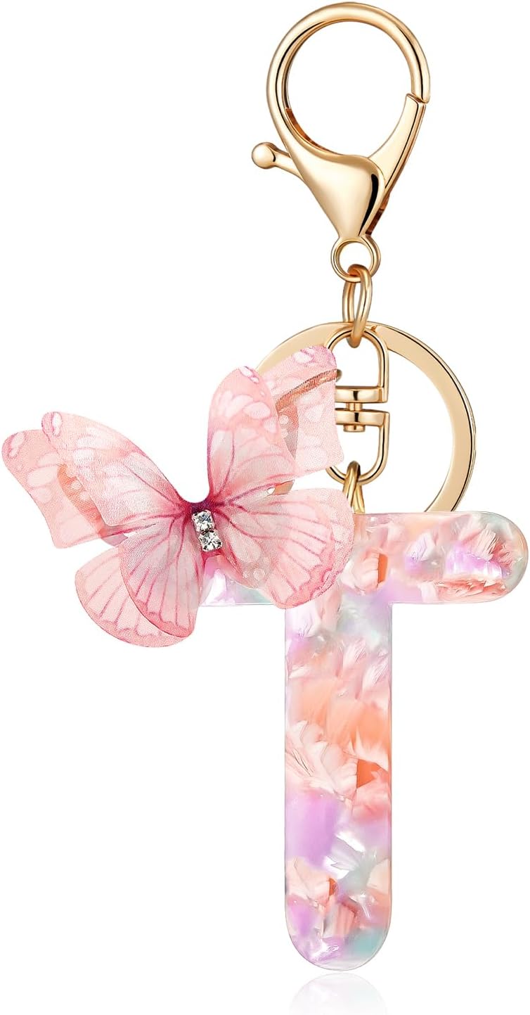 Initial Letter Pink Butterfly Acrylic Keychain for Women Purse Bag Charm