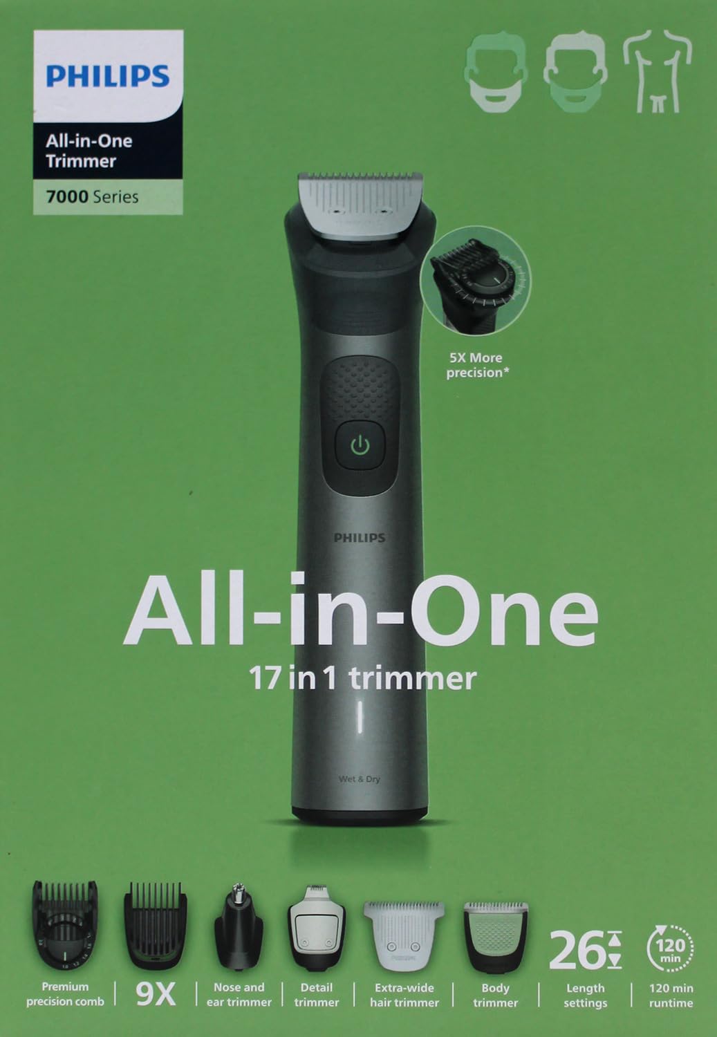 PHILIPS Multigroom Series 7000 All-in-One 17-teiliger Barttrimmer und Haarschneider für Gesicht, Kopf und Körper, selbstschärfende Metallklingen, 26 Längeneinstellungen (0,5-20 mm), Modell MG7951/15