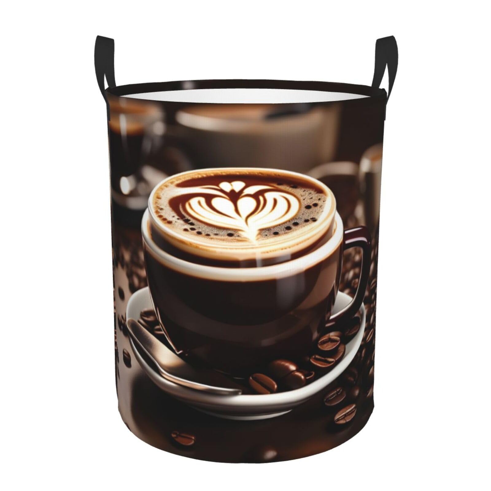 S Collapsible Laundry Hamper Round Hot Coffee with Coffee Bean Print Storage