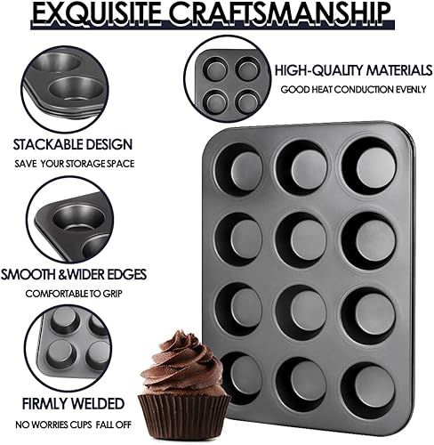 Miniatura 3 de Cyimi Molde para magdalenas, juego de 2 moldes para hornear magdalenas, 12 tazas, revestimiento de acero al carbono, antiadherente, bandeja para
