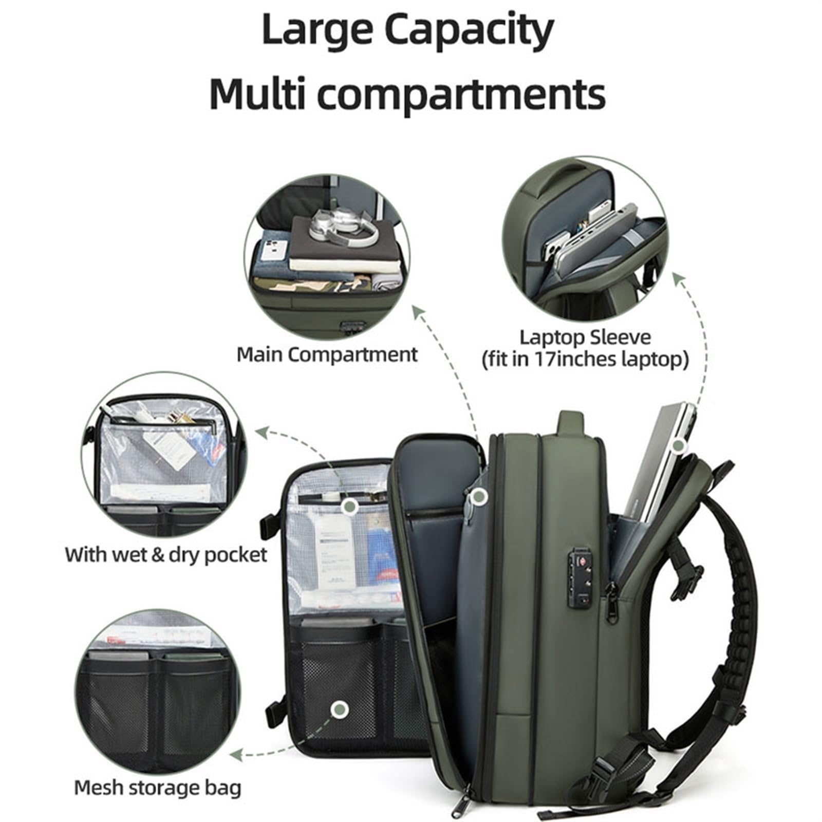 Sac à Dos Extensible Vacpack de Voyage, Étanche et Antivol, 60 L Avec Compression Sous Vide (Vert, Avec Pompe à Air)