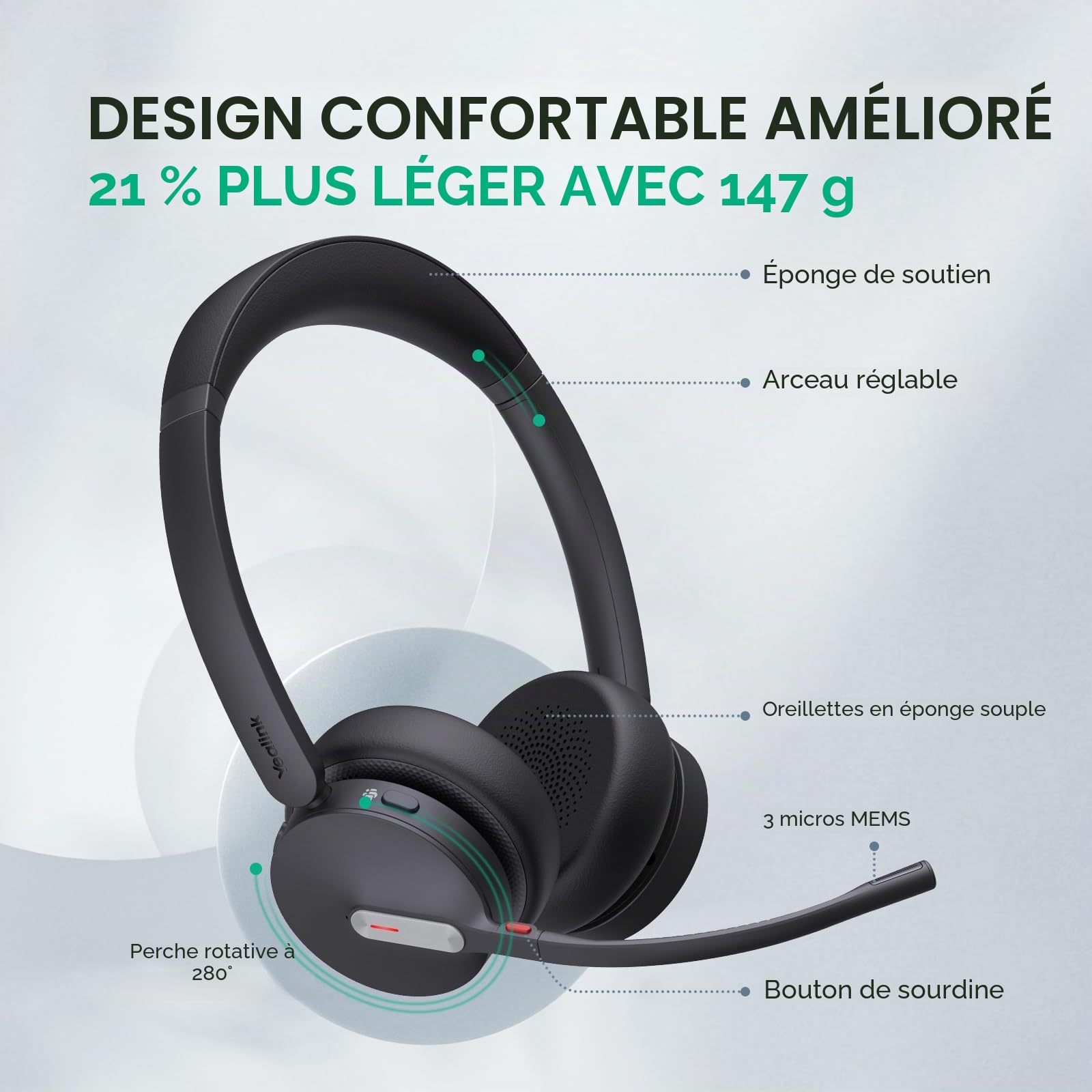 Yealink Casque Bluetooth sans Fil BH70 avec Microphone pour Le Travail, jusqu'à 35 Heures d'autonomie en Conversation, Suppression du Bruit à 3 Microphones, 147g Casque certifié Microsoft Teams