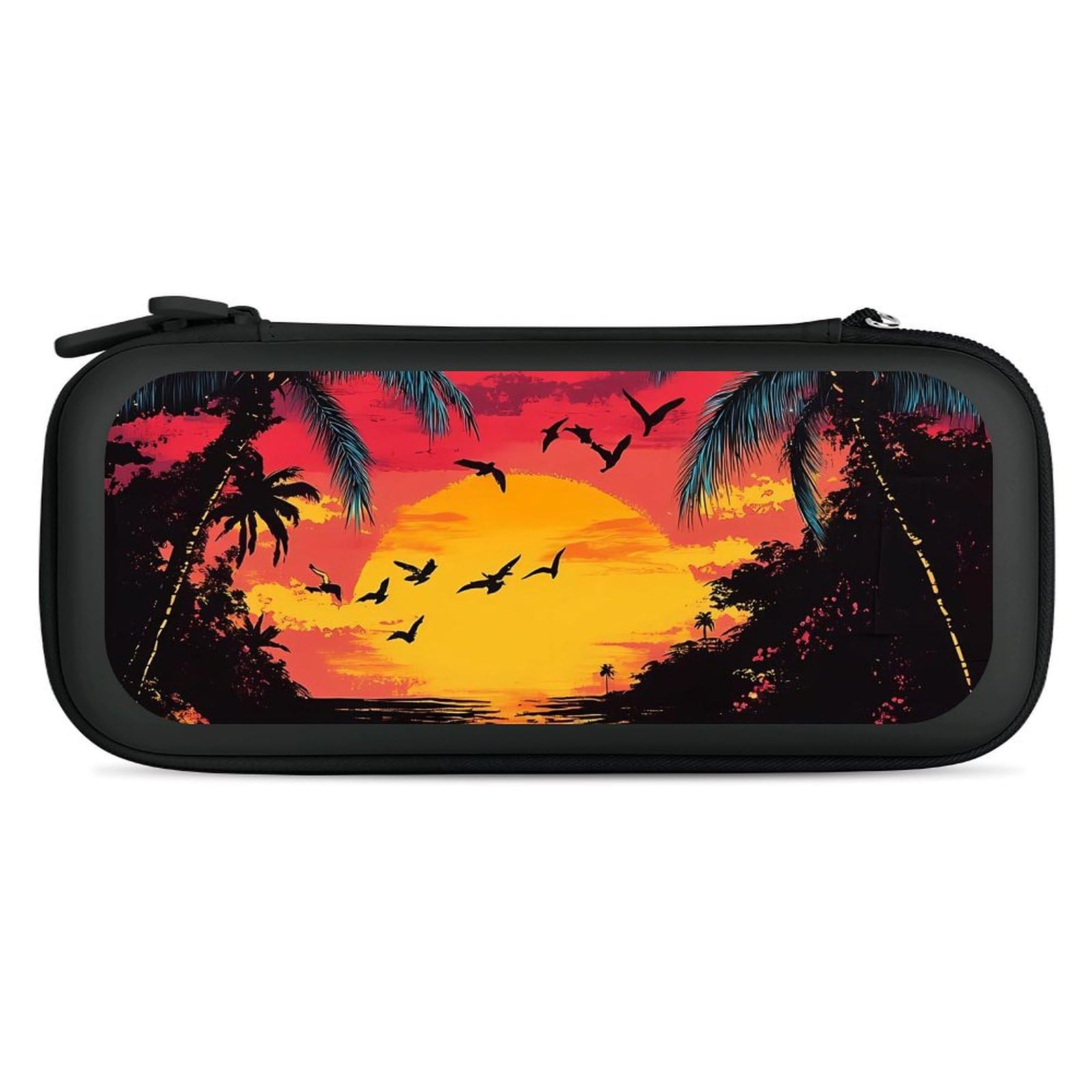 Hawaiian Sunset Palm Trees Compatible with Switch Carrying Case Hard Travel Game Bag Pouch with 15 Games Accessories Black-style
