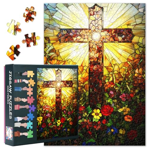 TUMOVO Stained Glass Christian Cross 1000 Piece Jigsaw Puzzle for Adults