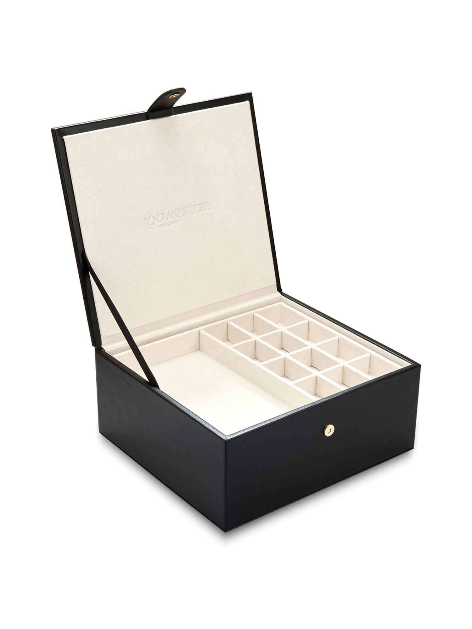 GLANZSTÜCKE MÜNCHEN Schmuck-Reisetäschchen Kunstleder schwarz | Samt, creme, Maße 21,0 x 19,0 x 9,0 cm, Spiegel nein, Schmucketui, Schmuckschatulle für die Reise