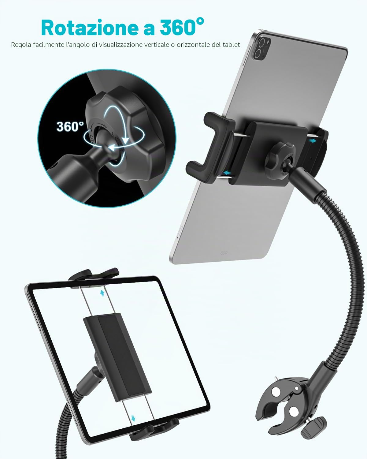 Supporto Tablet a Collo di Cigno per Cyclette, Regolabile 360° Porta Tablet Spinning Bicicletta, Supporto Tablet per Microfono per iPad Pro Air Mini, iPad 10.9", Galaxy Tab S A, 4"~13" Tablet