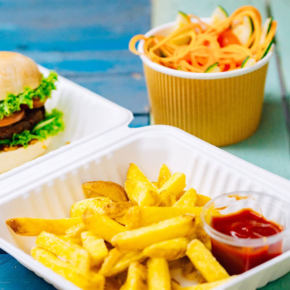 BIOZOYG Bio hamburguesas, desechables, biodegradables, para hamburguesas, bagazo compostable, 500 ml, tapa plegable, caja de 14,3 x 15 cm, 500 unidades, caja cuadrada blanca