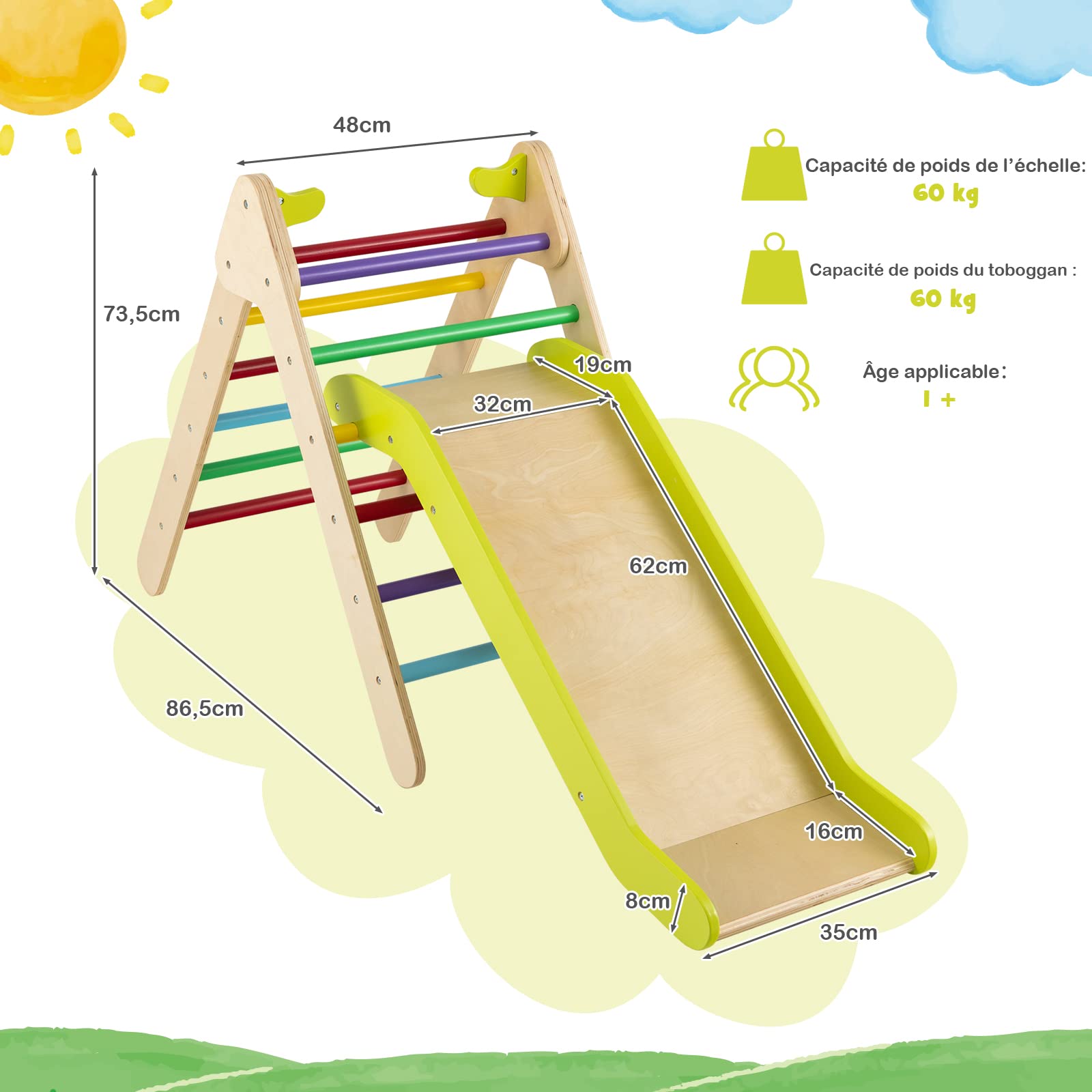 Triangle D'Escalade Pliable En Bois Avec Toboggan - Jouet Montessori Pour Enfants Dès 1 An