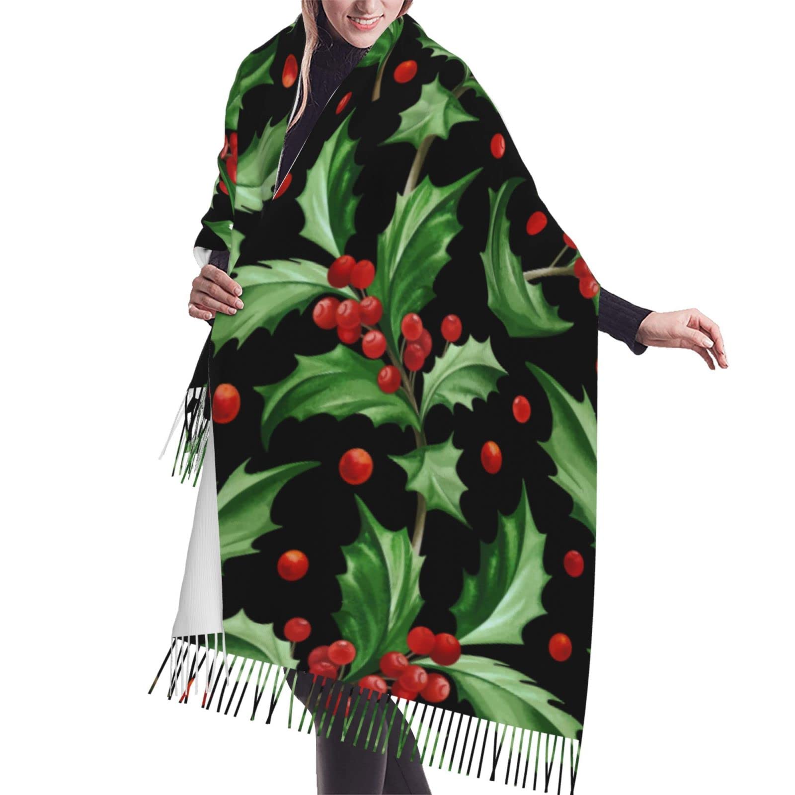 Butxet Unisex As Picture Fringed Scarf Merry Christmas Holly Soft Blanket Scarf Long Warm Shawl Wraps Cashmere Fringe Scarfs 196X68 Cm