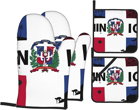 Dominican Flag Pattern Heat Resistant Oven Mitts and Pot Holders Set of 4-500f Protection Utensil Pocket for Grilling, Baking, Cooking