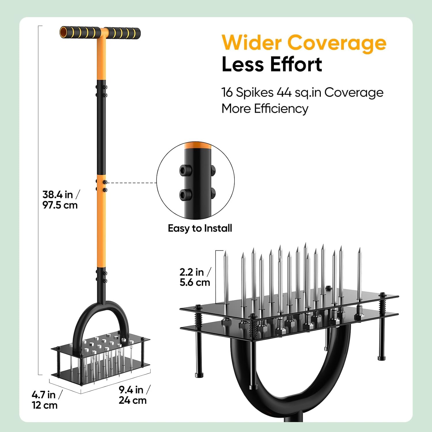 Grenebo Lawn Aerator Manual Aerator Lawn Tool with 16 Spikes, Metal Grass Aerator for Yard, Lawn Aeration, Automatic Soil Ejection, Pre-Assembled Lawn Aerator Tool (Black Orange)